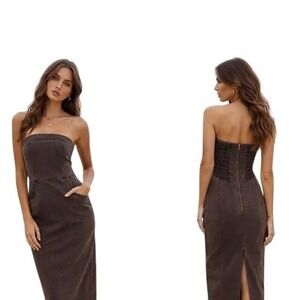 YFB Strapless Denim Midi Dress Women Small Chocolate Brown Smocked Back